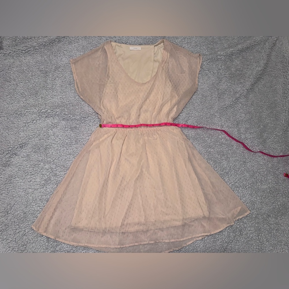 Open Back A-Line Beige Dress with Gold Foil Accent. EUC